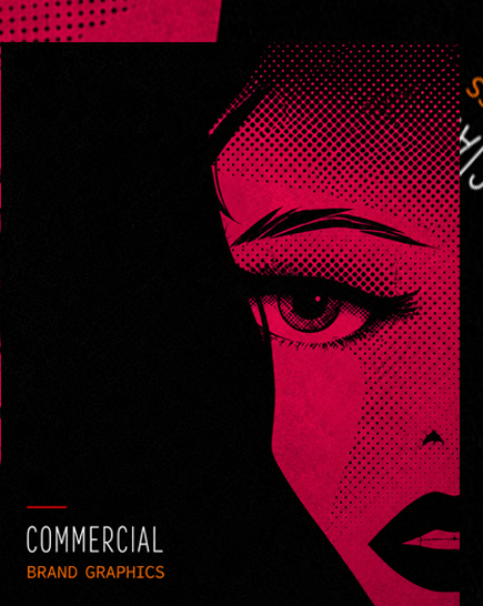 Close-up of a woman's face with makeup, stylized in a pop art style with contrasting colors, on a promotional graphic for a commercial branding project.