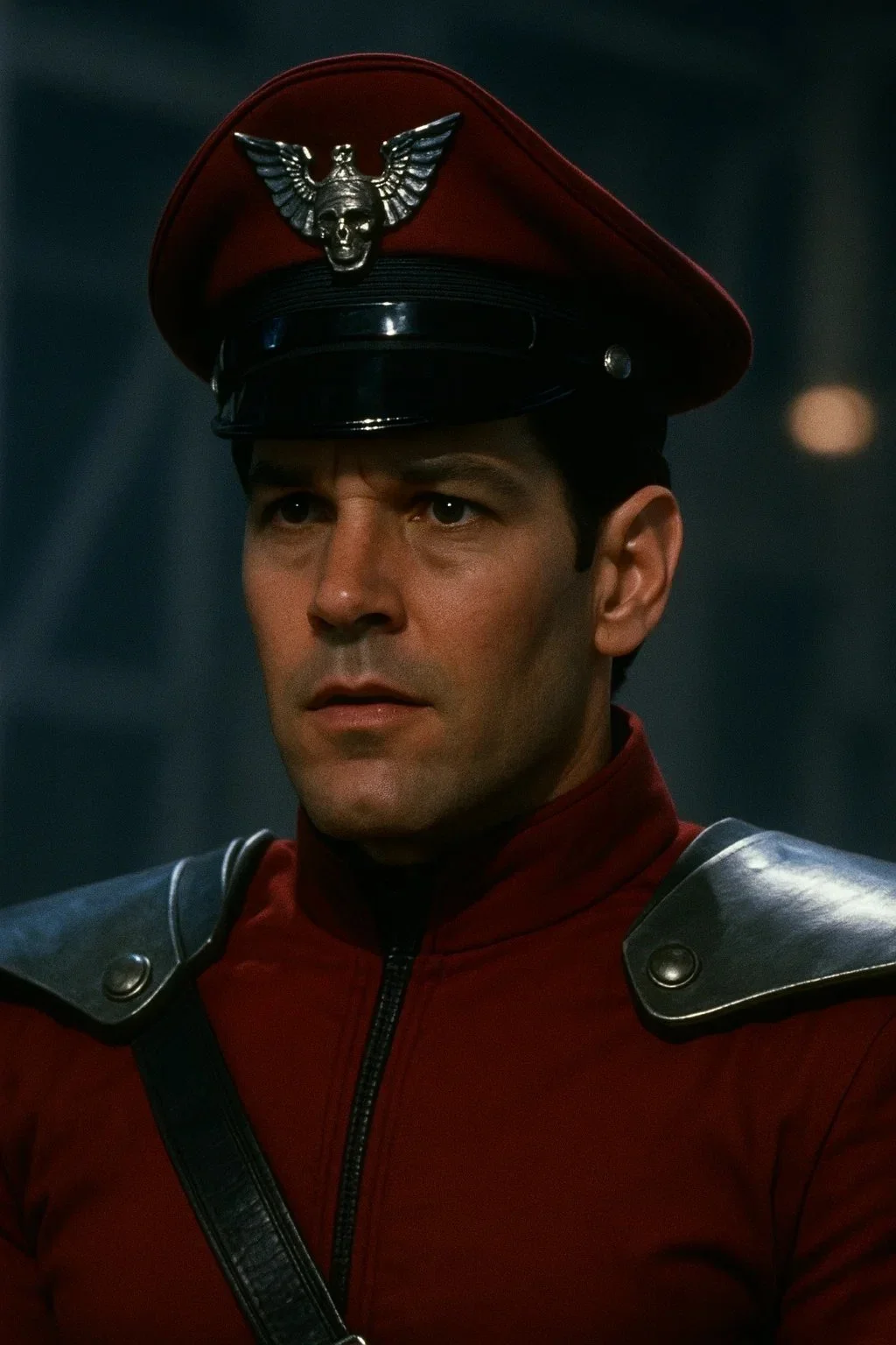 A man in a red military-style uniform with black shoulder epaulets and a matching red hat with a silver skull and wings badge.