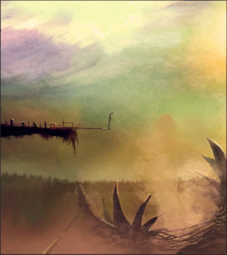 A surreal landscape with a cloudy sky, a silhouette of a dock or pier extending into the sky, large plant-like structures with sharp leaves in the foreground, and a forested horizon in the background.
