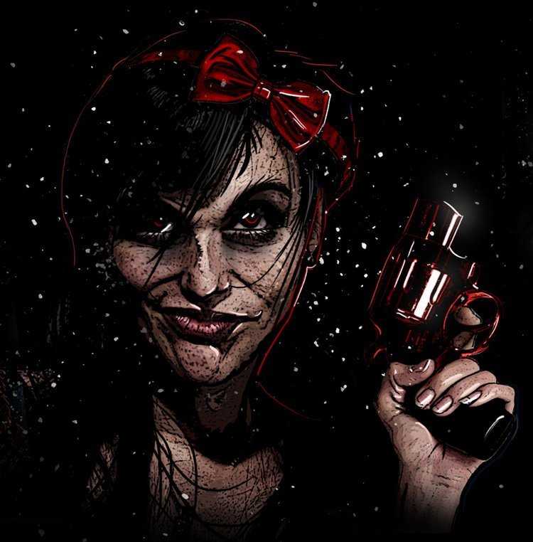 Illustration of a woman with dark hair, red bow, and makeup, holding a small revolver in her right hand, with a dark background and white specks.