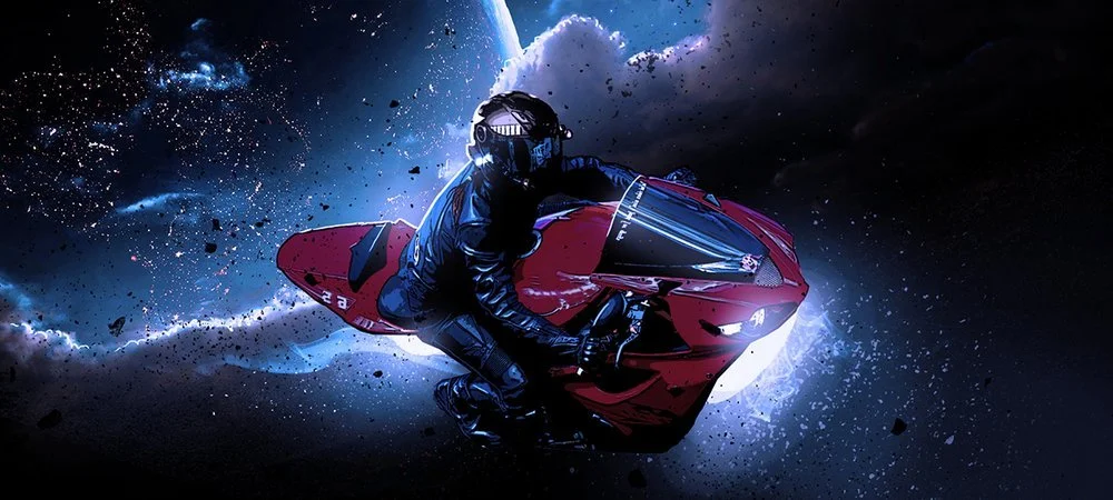 A person riding a red motorcycle in outer space with stars and planets in the background.
