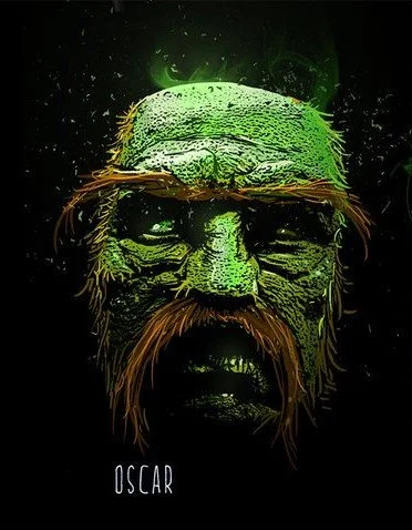 A digitally illustrated portrait of a bearded green face with a wart on the forehead and glowing green light behind, titled 'Oscar'.