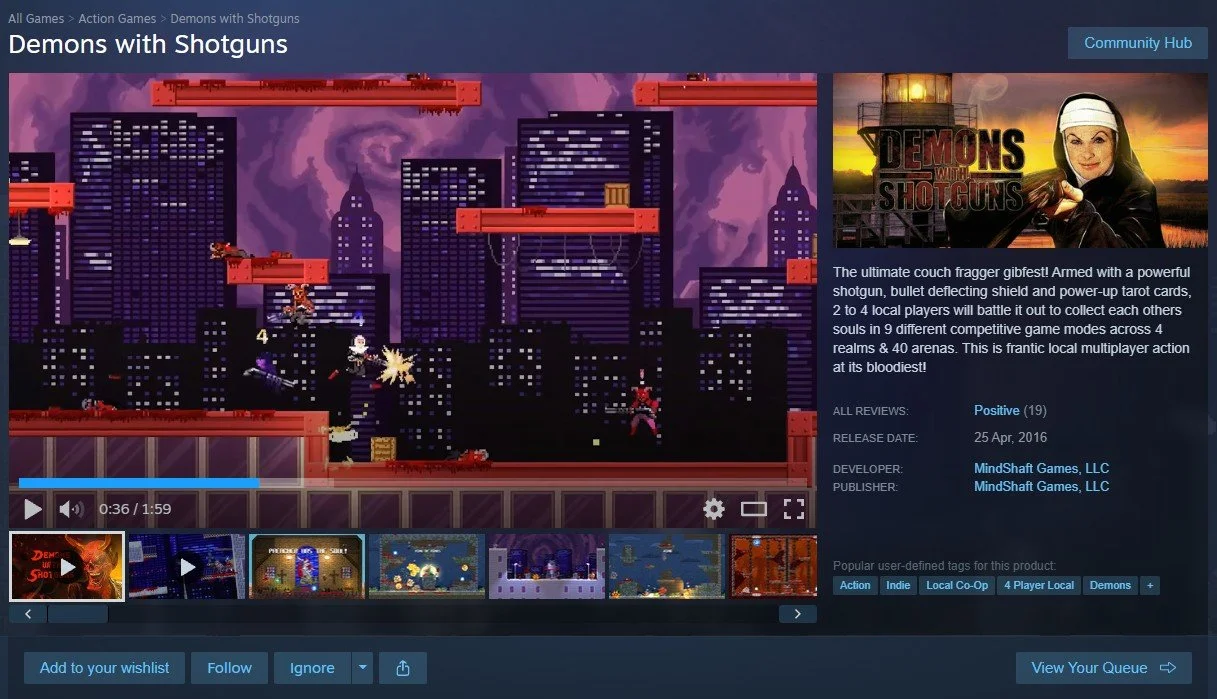 Screenshot of a pixel art action game called 'Demons with Shotguns'. The game scene shows a cityscape with tall buildings, multiple red platforms, and various characters including a demon firing a shotgun. The background depicts a stormy purple sky with lightning. The game interface includes health bars, a score, and action effects.