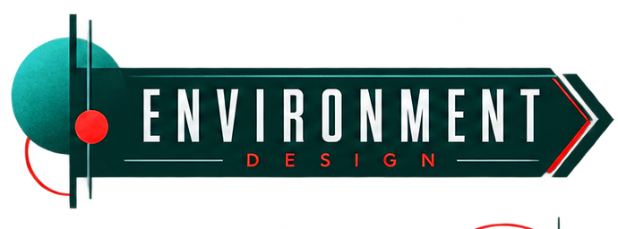 Graphic design with the words 'Environment Design' in bold, white uppercase letters on a teal background with red accents.
