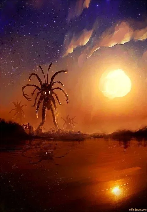 Digital artwork depicting a surreal scene with giant spider-like creatures near a body of water under a starry night sky and a glowing full moon, with colorful clouds and reflections in the water.