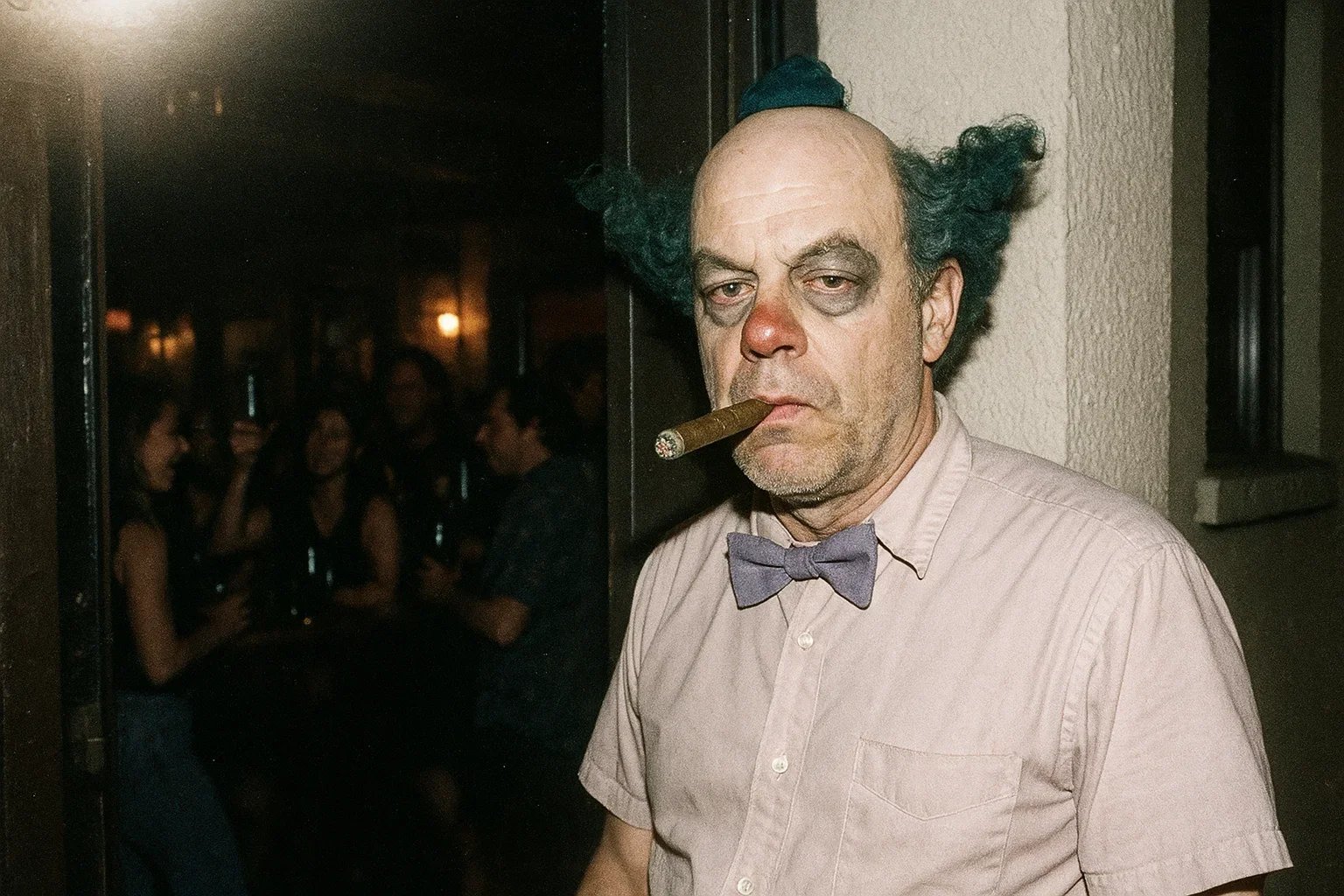 An older man with disheveled hair, wearing a light-colored shirt and a bow tie, holding a cigar in his mouth, standing inside a dimly lit room with a crowd of people in the background.