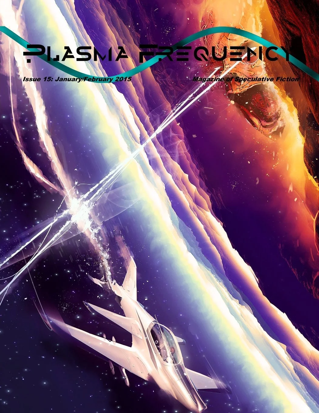 Futuristic spaceship flying through space with colorful nebulae and stars in the background, the cover of Plasma Frequency magazine, Issue 15 from January/February 2015.