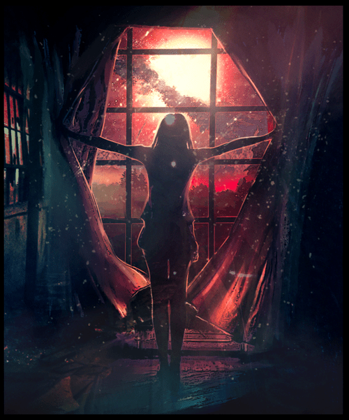 Silhouette of a woman opening curtains at a window during sunset.