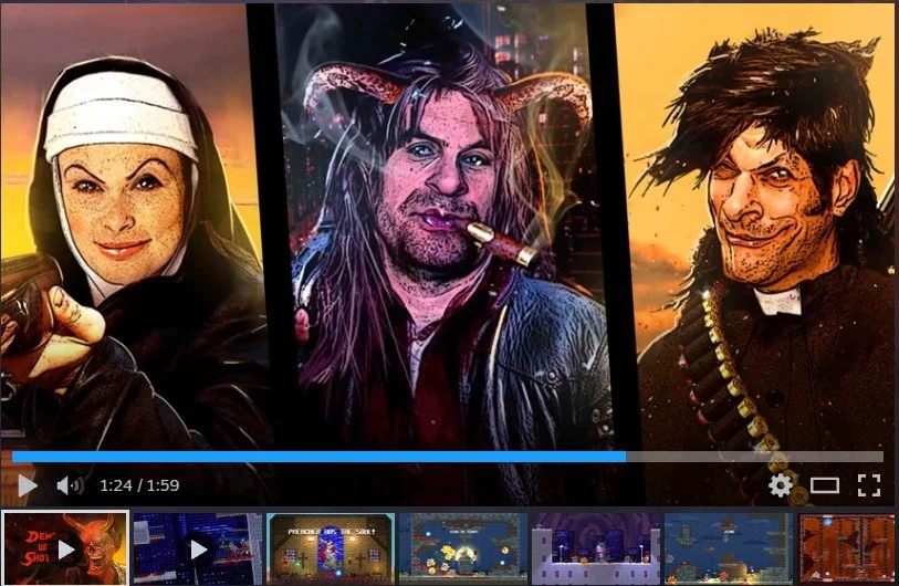 Three animated characters resembling a nurse, a person with devil horns and a cigarette, and a man dressed as a priest, each with distinct backgrounds and expressions.