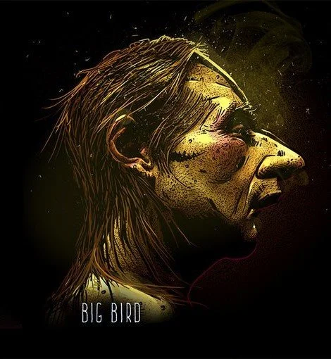 A digitally stylized portrait of a woman with long hair, with the text 'BIG BIRD' at the bottom.