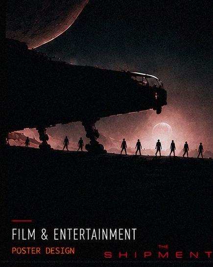 Silhouette of people standing in front of a spaceship on an alien planet with a large moon and distant planet in the sky.