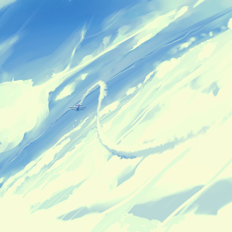 Small airplane flying through the sky with clouds, leaving white smoke trails behind.