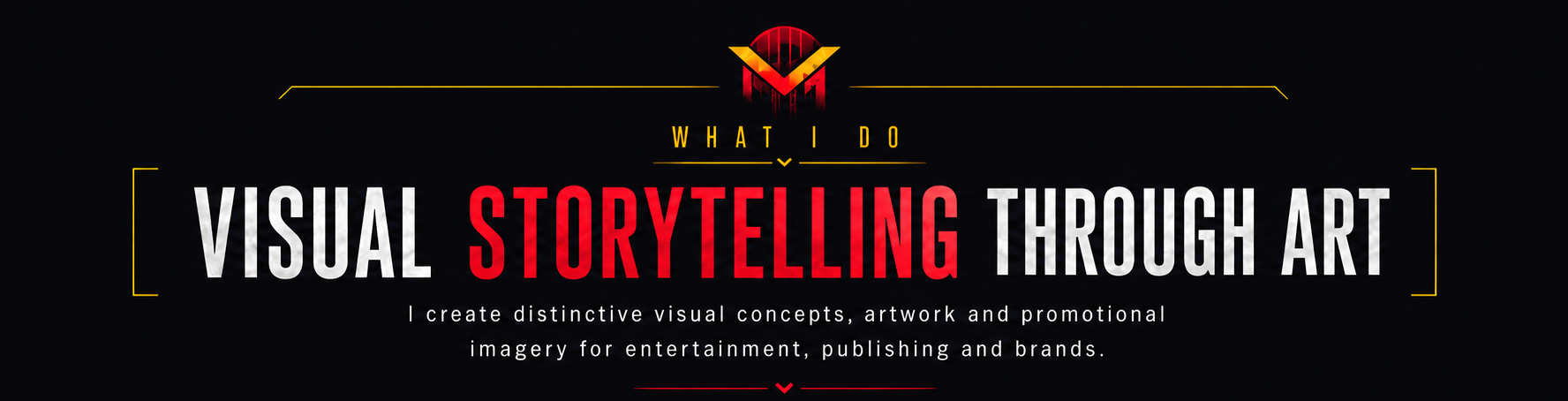 A promotional graphic with a dark background, featuring a logo at the top, and text indicating a focus on visual storytelling through art, entertainment, publishing, and branding.