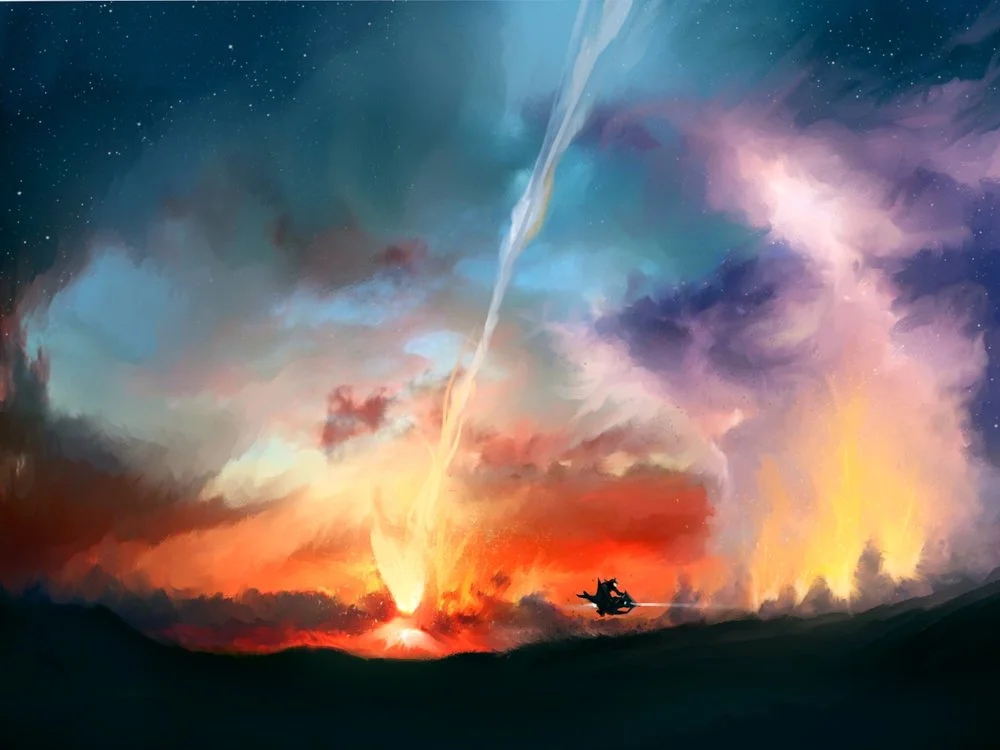 An animated depiction of a volcanic eruption at sunset or sunrise with dark foreground, bright orange lava, and colorful sky with clouds and stars.