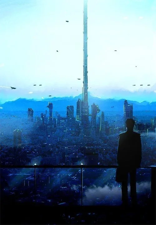A person looking out at a futuristic city skyline with a tall, sleek skyscraper and flying vehicles, over a hazy mountain backdrop.
