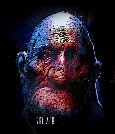 Digital artistic portrait of an elderly man named Grover with detailed facial features, illuminated with a mix of blue and red lighting.