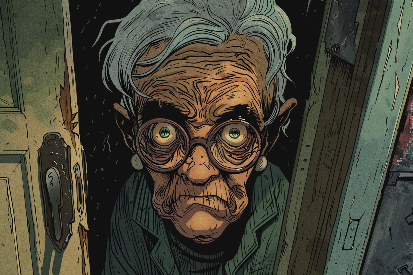 An elderly woman with gray hair, large round glasses, and earrings, peering into a slightly opened door.