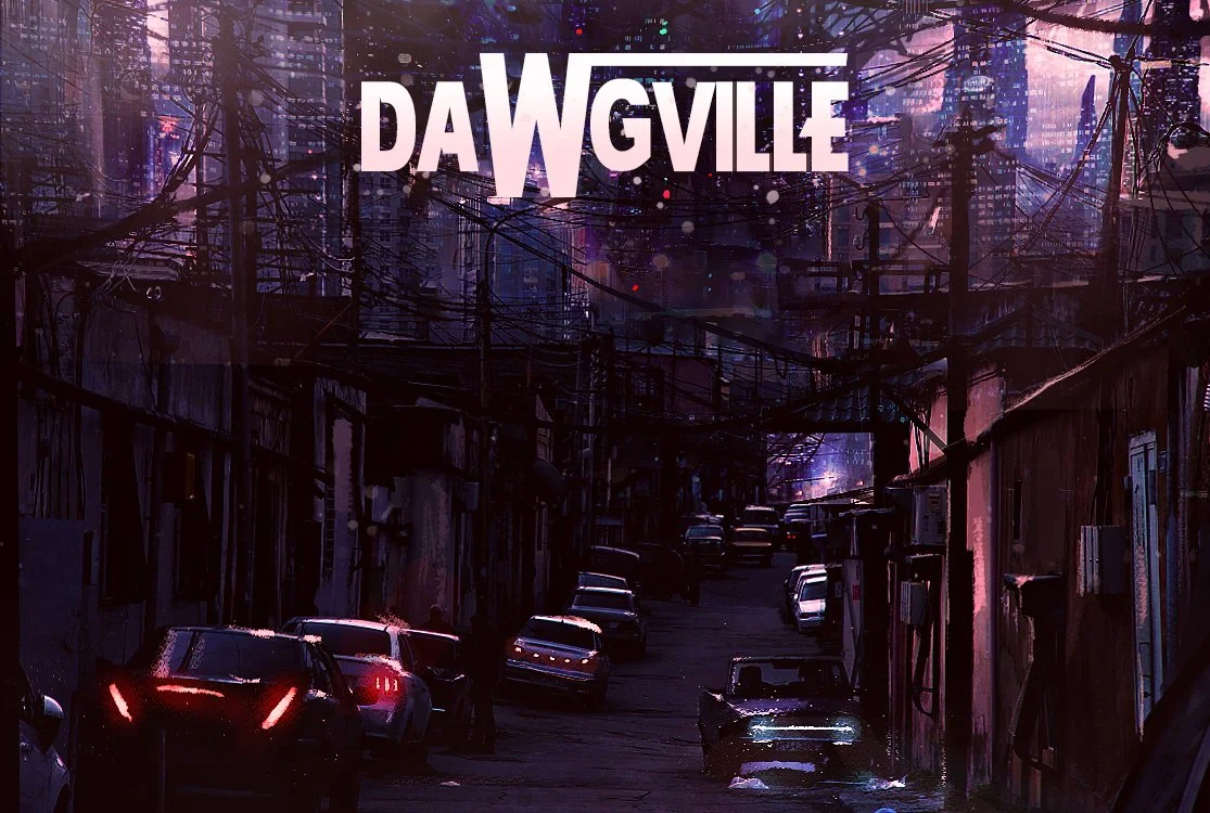 A dark, futuristic cityscape with crowded, narrow street lined with cars, peeling buildings, and overhead power lines, with neon purple and pink lighting, and the text 'Dawgville' in bold white letters at the top.