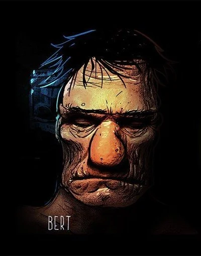 Digital illustration of a man's face with exaggerated features, dark hair, and a serious expression, labeled 'BERT'.