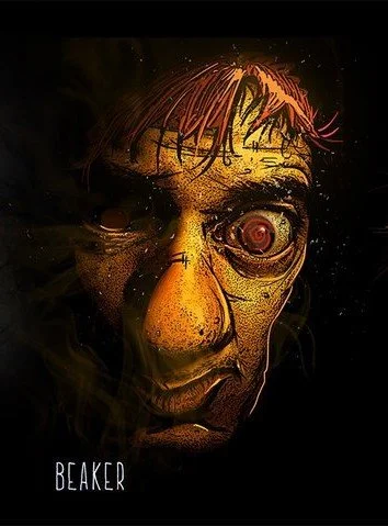 A creepy, distorted face with exaggerated features, including a large nose, wide eye with a red pupil, and messy hair, with the name 'Beaker' at the bottom.