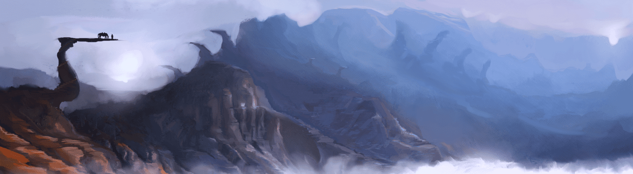 Silhouette of a person and a dog on a cliff with misty mountains in the background
