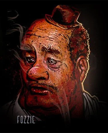 Portrait of a man with a distressed expression, wearing a small hat, with smoke rising near his face, labeled 'FOZZIE' at the bottom.