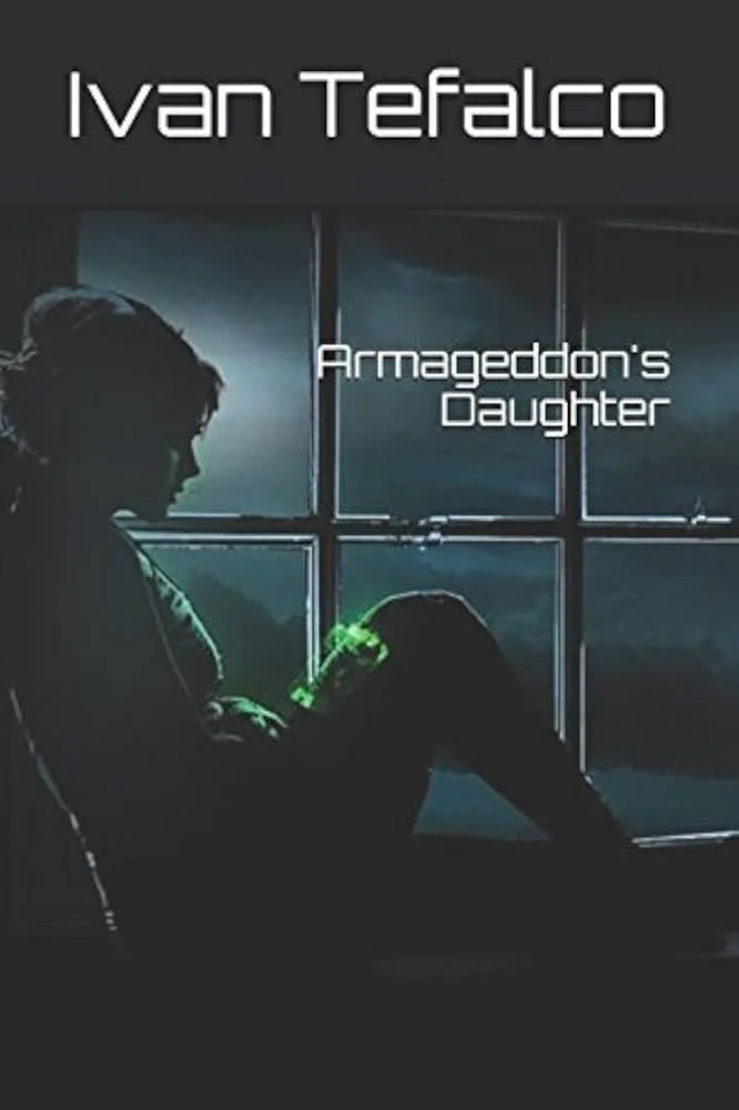 Silhouette of a woman sitting on a window sill, looking at her phone with a green light, with a window showing a dark, cloudy sky outside. Text says 'Ivan Tefalco' at the top and 'Armageddon's Daughter' in the middle.