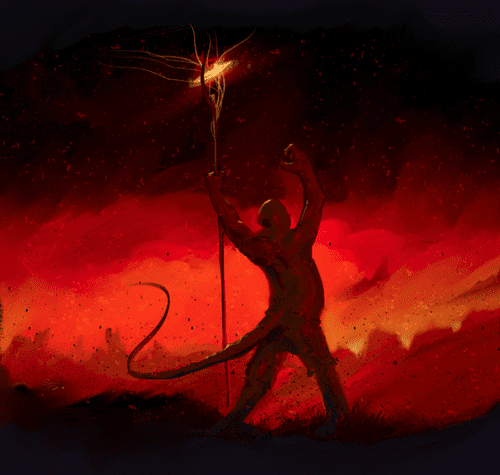 A humanoid figure with a tail holding a staff with a flaming tip, standing amidst a fiery, smoky background.