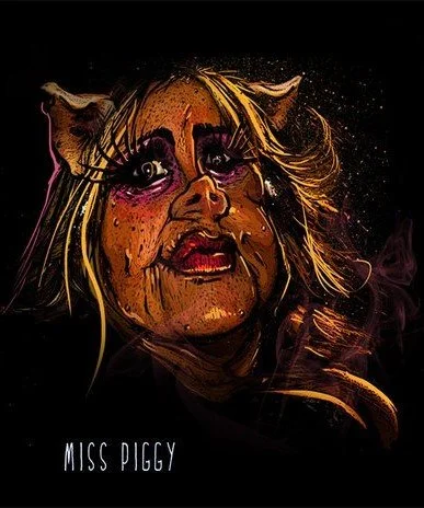 Illustration of a woman with pig ears, makeup, and long blonde hair, titled 'Miss Piggy'.
