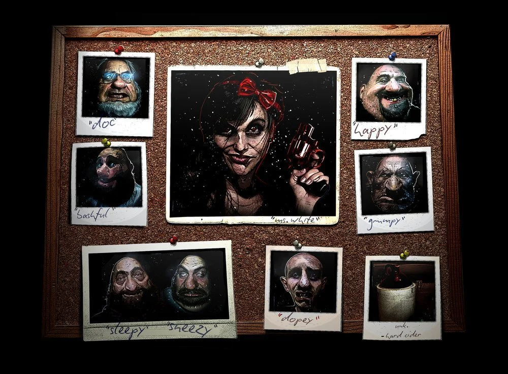 A cork bulletin board with photos of people wearing masks, some labeled with humorous descriptions, and a central illustration of a woman holding a gun.