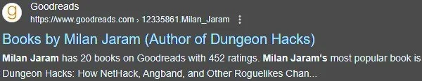 Screenshot of a Goodreads webpage about Milan Jaram's books, listing 20 books with 452 ratings, highlighting 'Dungeon Hacks' as a popular title.