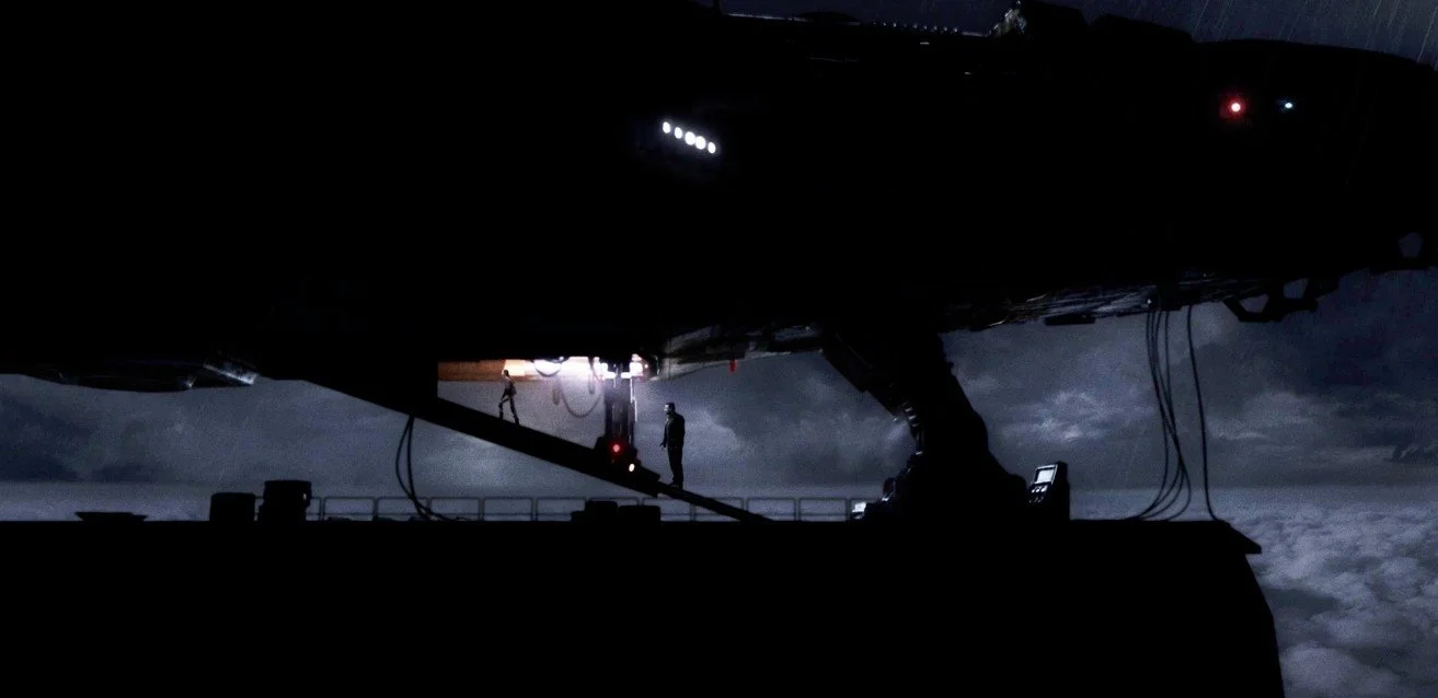 Silhouette of a pilot standing outside an aircraft cockpit at night, with clouds visible in the background.