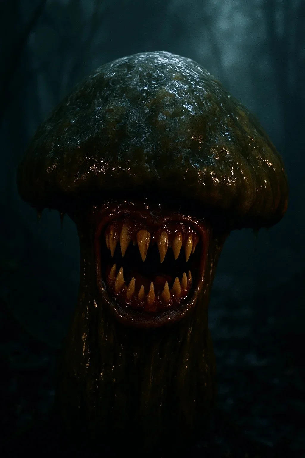 Close-up of a creature resembling a xenomorph with a large, shiny, dark head, sharp teeth, and a menacing open mouth in a dark, eerie environment.
