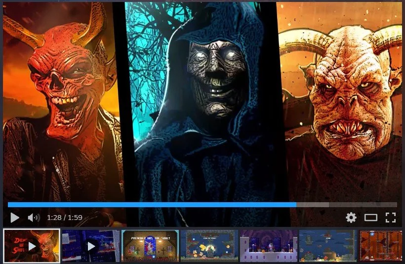 Three illustrated horror characters side by side: a red horned demon with a mischievous smile on the left, a sinister hooded figure with a skeletal face in the center, and a grotesque, horned monster with a fierce expression on the right.
