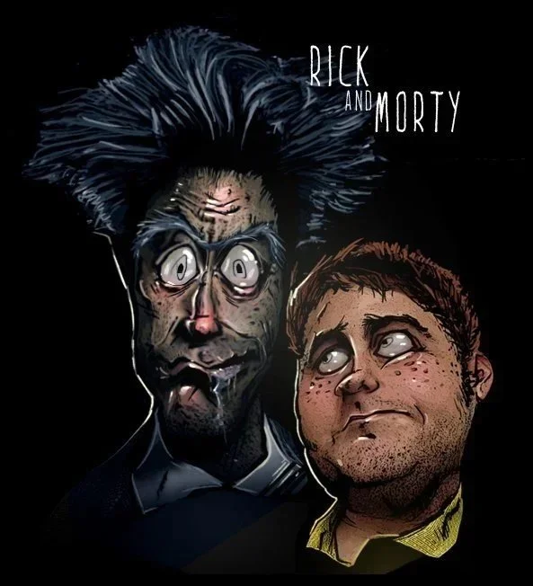 A cartoon depiction of Rick and Morty with exaggerated facial features and humorous expressions.