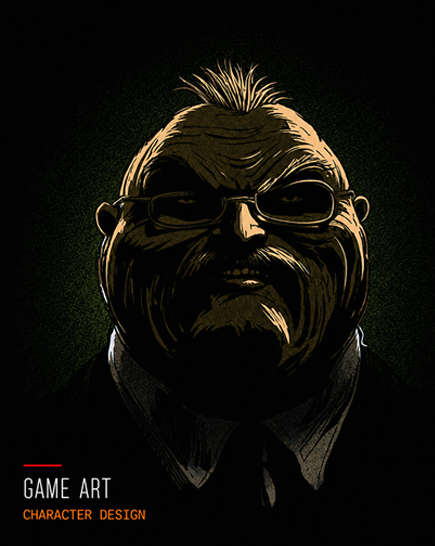 Digital illustration of a character with a beard, sunglasses, short spiked hair, and a serious expression, labeled as game art character design.