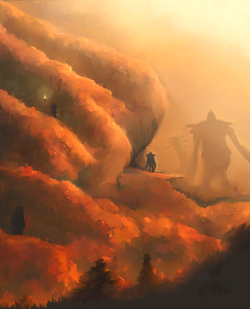 A fantasy scene of a volcanic landscape with orange and red lava flows, a small figure of a person and a dog walking along a path, and a large, armored figure in the background with weapons and a horned helmet, amid a misty atmosphere.