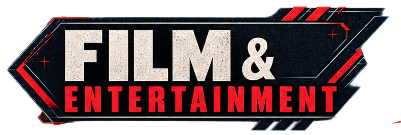 Graphic design with the words 'Film & Entertainment' in bold, stylized font, black background with red and white accents.