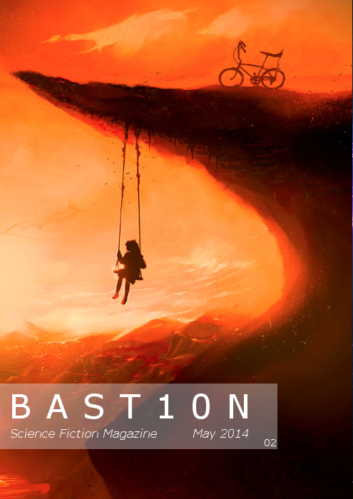 Digital illustration of a girl on a swing hanging from an underground cave ceiling, with a bicycle and a bike helmet on the edge of the cave, against a reddish-orange sky, representing a fantastical scene in a science fiction magazine cover.