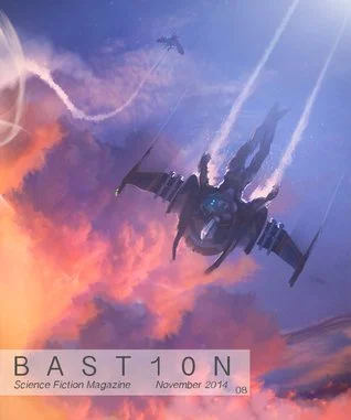 A futuristic aircraft flying through a colorful sky with clouds and contrails, featured on a magazine cover titled "Bastion" from Science Fiction Magazine, November 2014.