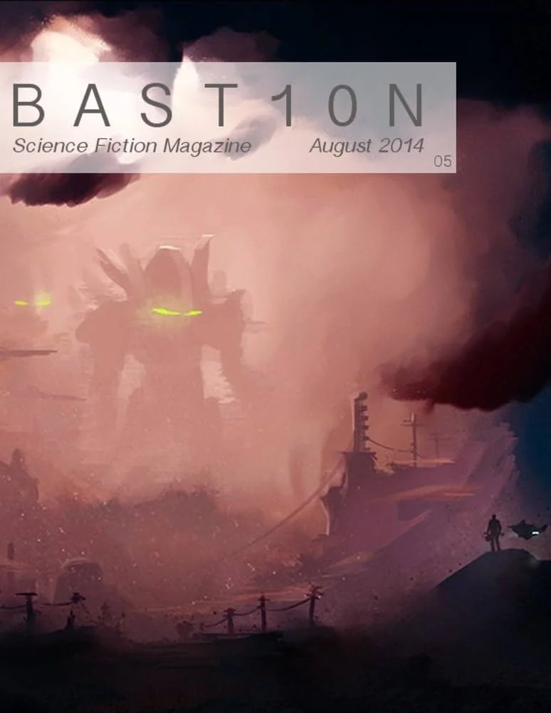 Cover of Bastion science fiction magazine, August 2014 issue, featuring a sci-fi scene with a large robot, a person on a beach or coast, and stormy sky.