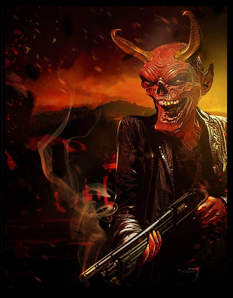 A devilish figure with horns, a skull-like face, and a devilish grin, holding a gun, set against a fiery landscape with smoke and sparks.