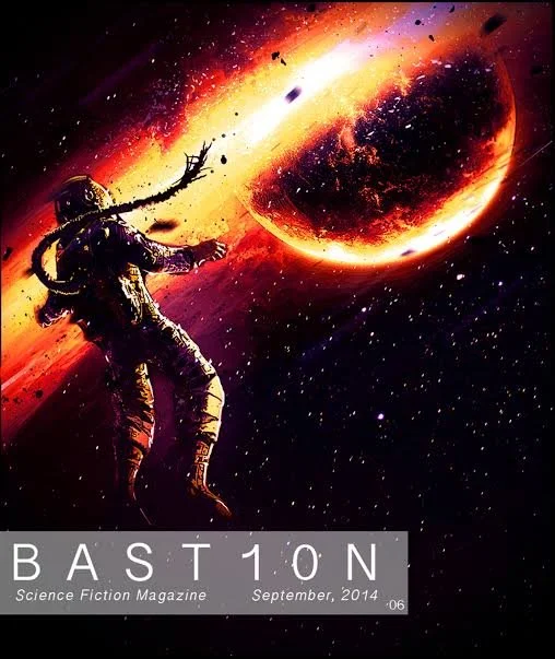 Astronaut floating in space near a large asteroid or planet with a fiery glow, colorful cosmic background, and debris.