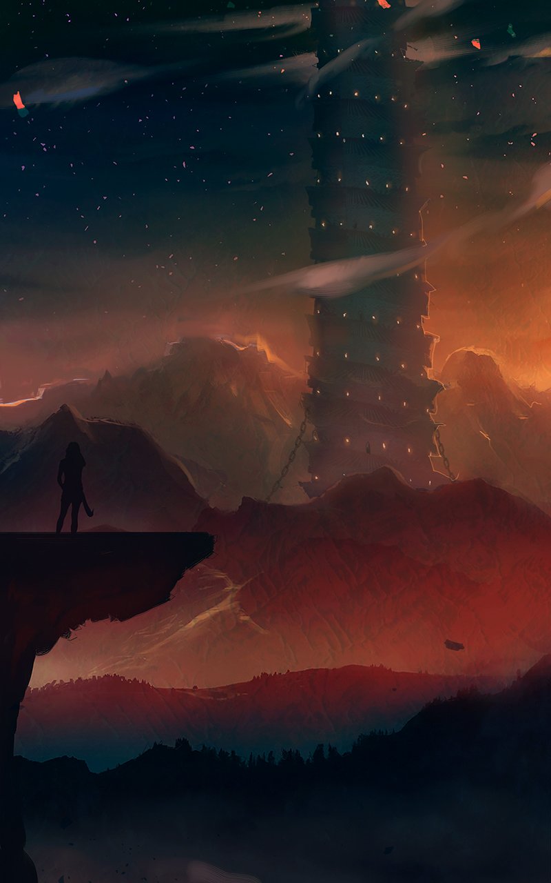 A person standing on a rocky cliff overlooking a surreal landscape with distant mountains, a dark sky filled with stars, and a large floating tower connected by chains.