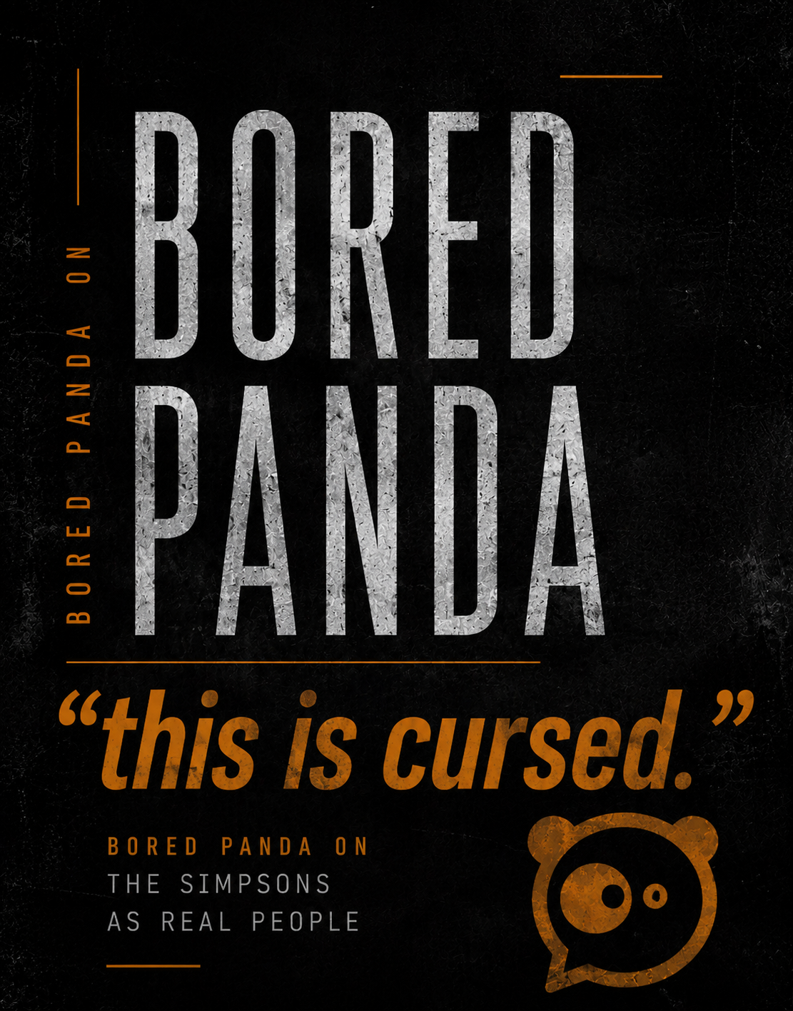 Book cover titled "Bored Panda" with the subtitle "this is cursed" and a quote from Bored Panda about the Simpsons as real people. The cover features a black background, large textured gray text, and an orange panda face logo.