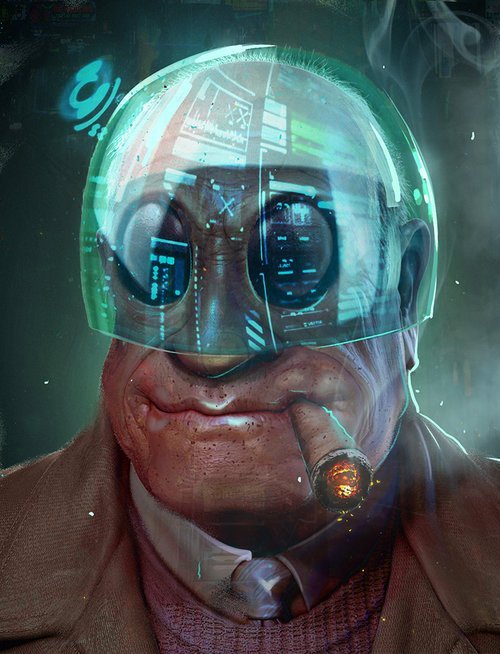 A person wearing a futuristic, virtual reality-style visor with glowing digital displays, smoking a cigar, and wearing a suit.