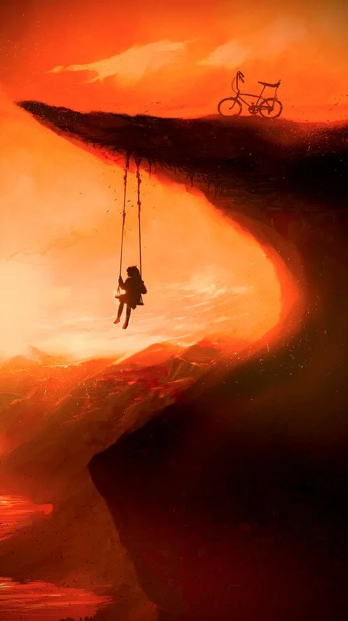 Silhouette of a person on a swing hanging from an illuminated cliff with a bicycle parked on top, set against a dramatic orange sunset sky with clouds.