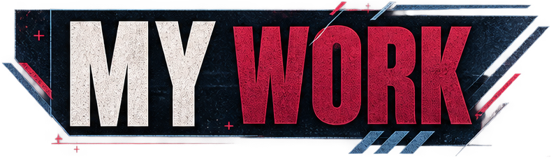 Graphic with the text 'MY WORK' in bold, large letters, with a modern, geometric design and a dark background.