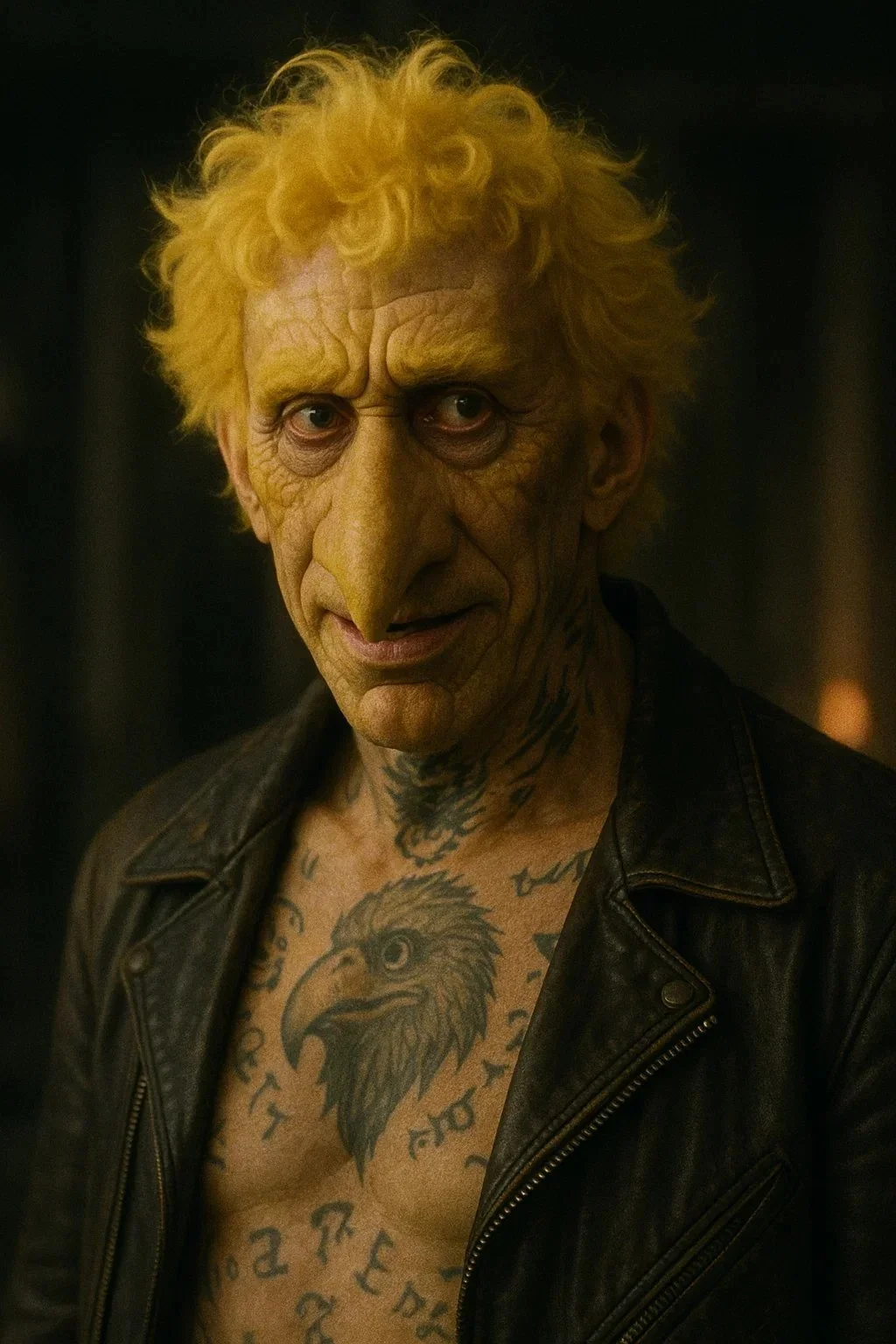 A person with yellow, curly hair, a long nose, face makeup resembling a character, tattoos on chest including a lion and lettering, wearing a black leather jacket.