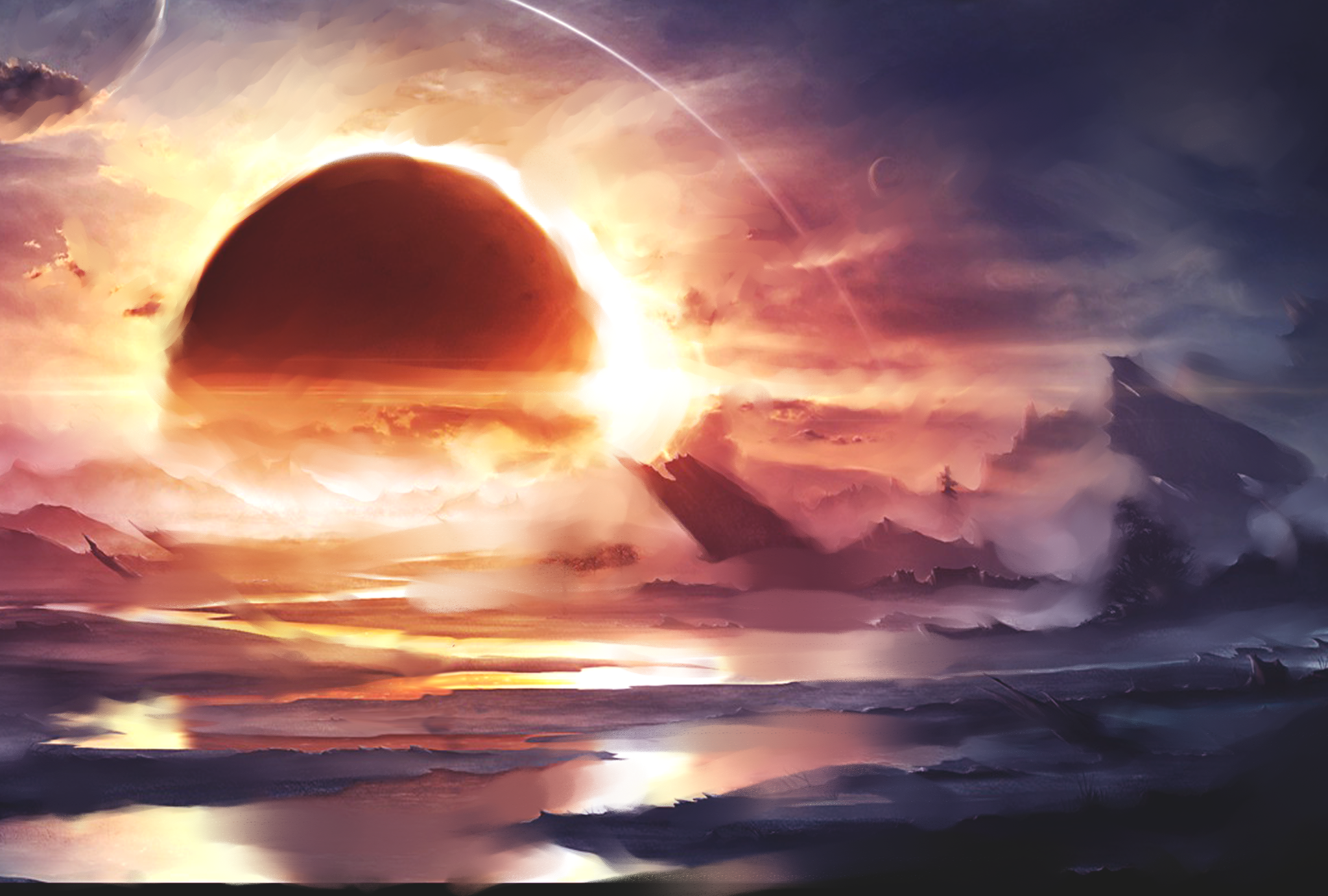 A stunning sunset over a body of water with colorful clouds, mountains in the background, and planets visible in the sky.